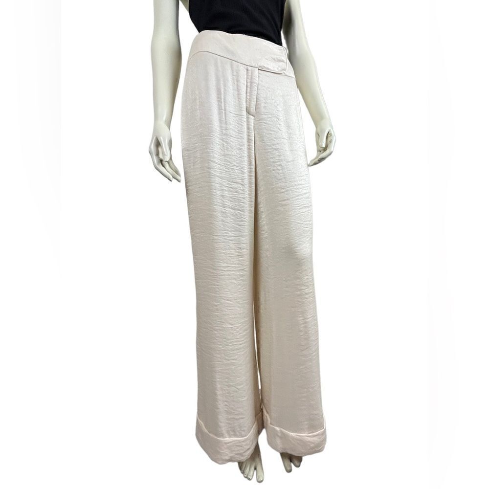 Black Label BCBG Max Azaria Wide Leg Ivory Shimmer Wide Waistband Dress Pants 10